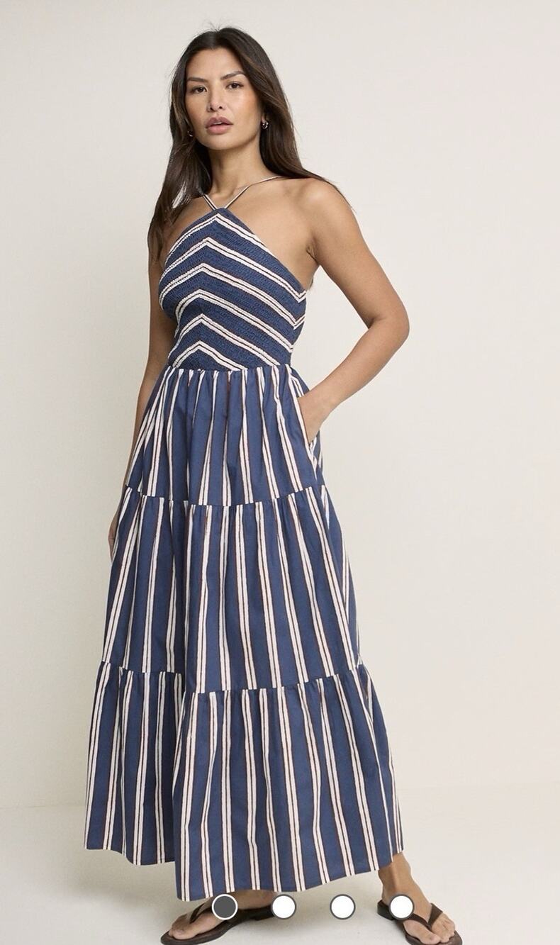 Nobody's Child Martina Navy Striped Shirred Bodice Tiered Maxi Dress US 6